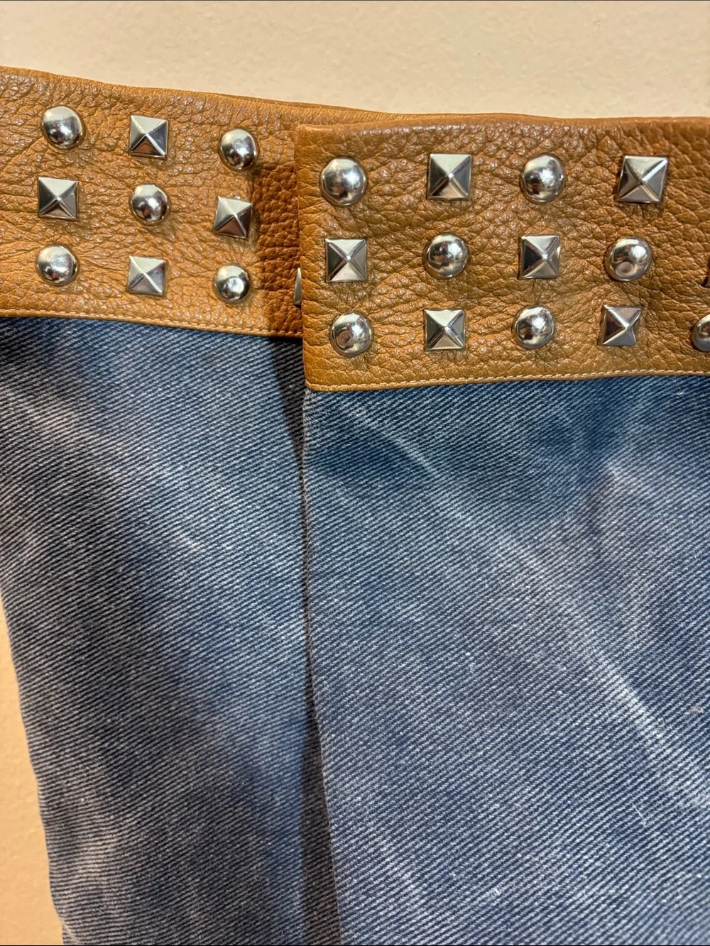 Vintage Stuart Weitzman Blue Denim and Tan Studded Boots